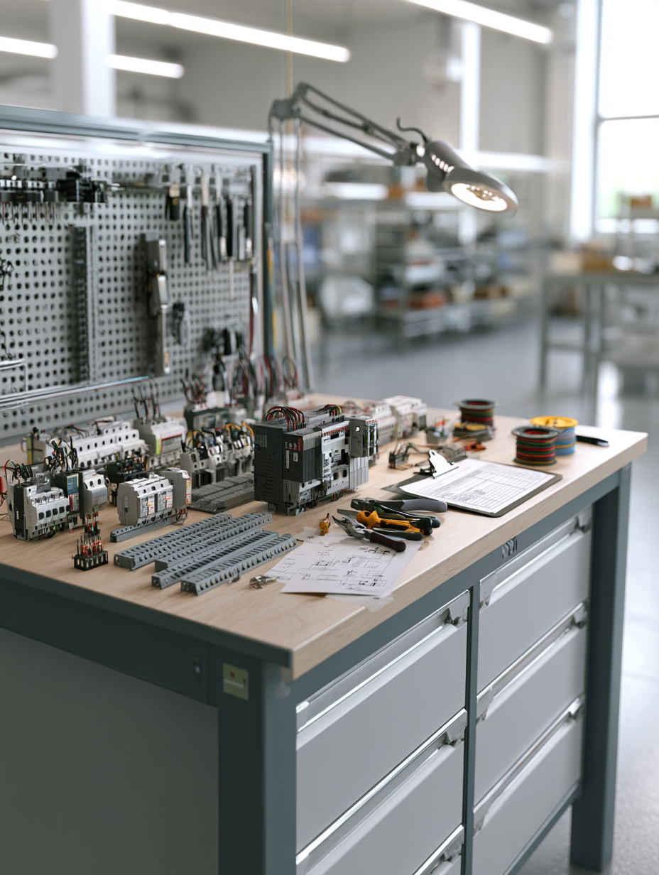 Bauteile für den Schaltschrank auf der Werkbank